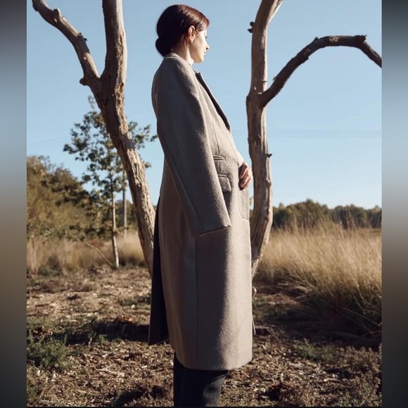 Izzy Lane Otley Long Wool Coat Button Front Taupe - Picture 3 of 12